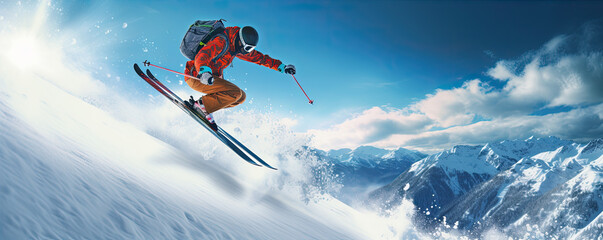 Freeride skiing skier jumping. generative ai - obrazy, fototapety, plakaty
