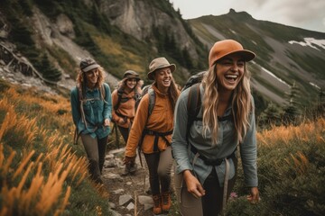 Young people hiking on a rough terrain