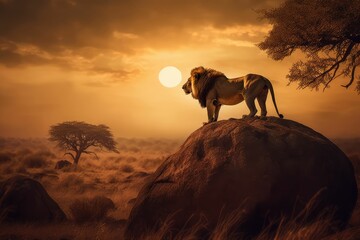 Sunset and lion in silhouette