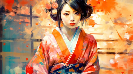 Fototapeta premium Portrait painting of a Japanese model in kimono, for advertising, beauty salons and massage studios