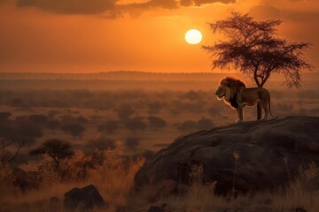 Sunset and lion in silhouette