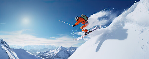 Naklejka na ściany i meble Freeride skiing skier jumping. generative ai