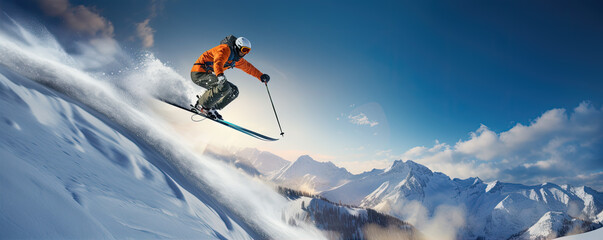 Naklejka na ściany i meble Freeride skiing skier jumping. generative ai