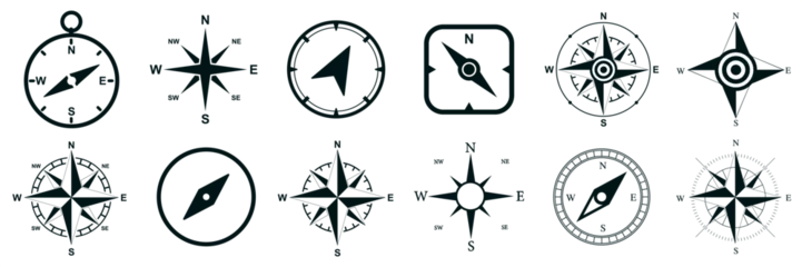 Foto op Canvas Compass set icons, navigation equipment sign, flat nautical chart wind rose icon, north, east, south, west, compass symbol collection, geographical position – for stock © dlyastokiv