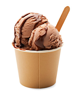 Chocolate ice cream scoops in a paper cup isolated on transparent or white background, png
