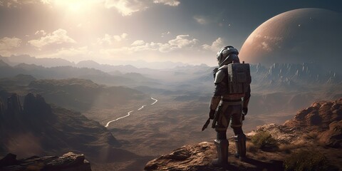 Obraz premium Astronaut exploring extraterrestrial landscape
