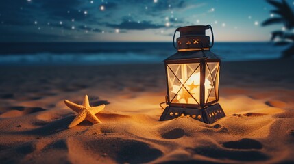 a lantern and starfish on sand at night. Generative AI Art.
