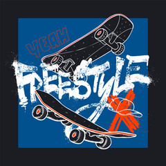 Teenager print with Skateboards. T-shirt design with skateboard linear illustration. Sport style. Activity equipment. © Kseniia Koval