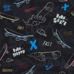 Abstract seamless pattern with skateboard, hat, graffiti text Activity, fast, yeah, new level, freestyle. Lettering repeat print for sport textile, boy clothes, wrapping paper. Cover teenager print. © Kseniia Koval