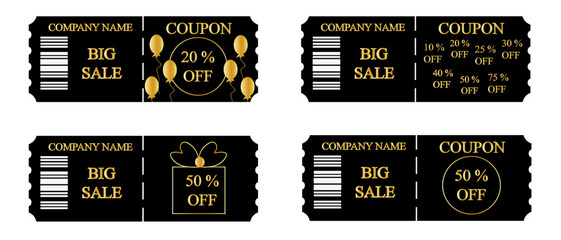 Naklejka premium Set of Sale style black Coupon isolated on white background. Shoping Invitation card. Vector illustration.