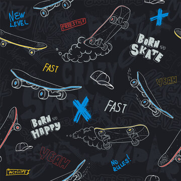 Abstract seamless pattern with skateboard, hat, graffiti text Activity, fast, yeah, new level, freestyle. Lettering repeat print for sport textile, boy clothes, wrapping paper. Cover teenager print.