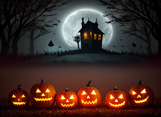 haunted house, pumpkins and bats, Halloween  in full moon background, ai generated