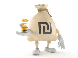 Shekel money bag character with stack of coins - 616702902