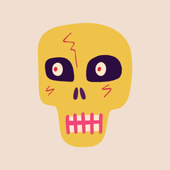 Cute creepy skull with funny face. Halloween Illustration in a modern childish hand-drawn style
