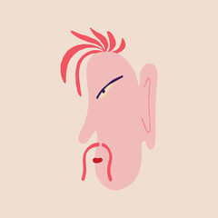 Funny unusual muzzle of a man with a mustache and a funny face. Illustration in a childish style