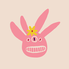 Pink funny character monster with funny smile face and tree eyes. Illustration in a modern childish hand-drawn style