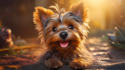 Cute little baby yorkshire terrier puppy dog smiling with natural sunlight. 3D render cartoon animation style. Digital illustration generative AI. - obrazy, fototapety, plakaty