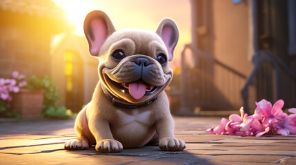 Cute little baby French bulldog puppy smiling with natural sun light. 3D render cartoon animation style. Digital illustration generative AI.