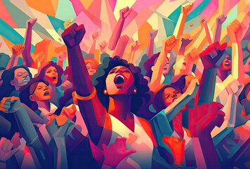 Women protest with fists up in an abstract style - obrazy, fototapety, plakaty
