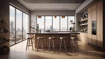 Modern loft kitchen with breakfast bar in an urban luxury apartment. Wooden floor, wooden bar counter with bar stools, open shelves, floor-to-ceiling windows with city view.