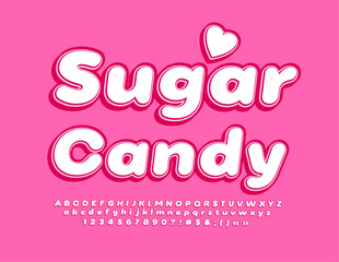 Vector cute emblem Sugar Candy with decorative Heart. Pink and White sweet Font. Trendy Alphabet Letters, Numbers and Symbols set