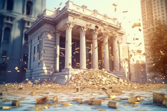 The bank building is collapsing in a modern city. Bankruptcy of a financial institution. The bricks of the economic foundation are crumbling, stocks and securities are flying around. Economic crisis.