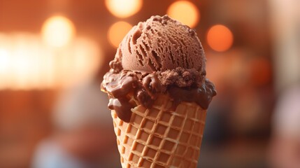 Delicious Chocolate Ice Cream Cone. Blurred Background