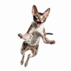 Jumping Cornish Rex Cat. Isolated on Caucasian, White Background. Generative AI.