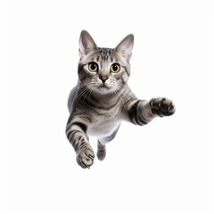Jumping Egyptian Mau Cat. Isolated on Caucasian, White Background. Generative AI.
