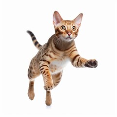Jumping Ocicat Cat. Isolated on Caucasian, White Background. Generative AI.