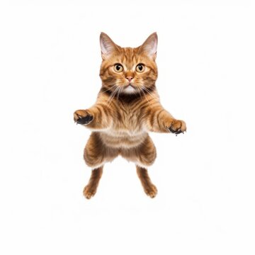 Jumping Havana Brown Cat. Isolated on Caucasian, White Background. Generative AI.