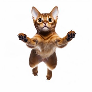 Jumping Havana Brown Cat. Isolated on Caucasian, White Background. Generative AI.