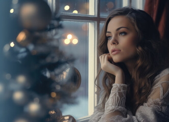 Close up of a young woman contemplating a Christmas scene from her window. Generative AI