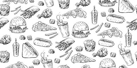Seamless pattern with fast food. Hamburger, french fries, hot dog, coffee, soda, sauce, pizza, nuggets, sandwich, burger, ice cream. Sketch style background of street food isolated in white background - obrazy, fototapety, plakaty