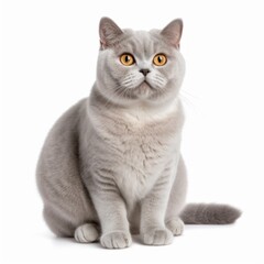 Sitting British Shorthair Cat. Isolated on Caucasian, White Background. Generative AI.