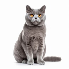 Sitting Chartreux Cat. Isolated on Caucasian, White Background. Generative AI.