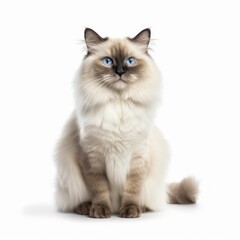 Sitting Birman Cat. Isolated on Caucasian, White Background. Generative AI.