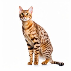 Standing Ocicat Cat. Isolated on Caucasian, White Background. Generative AI.
