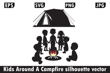 Children Around a Campfire Silhouette vector, Campfire vector, Kids silhouette vector, Campfire silhouette, Children around campfire, Kids camping vector.
