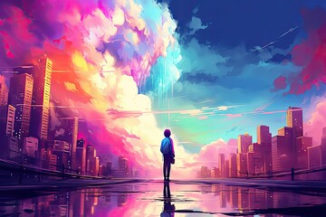 Surreal walk through the rainbow colored city with clouds 