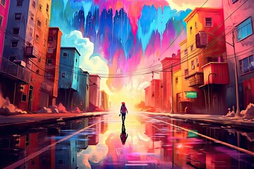 Surreal walk through the rainbow colored city with clouds 
