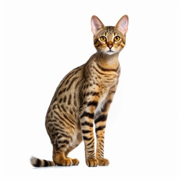 Standing Savannah Cat. Isolated on Caucasian, White Background. Generative AI.
