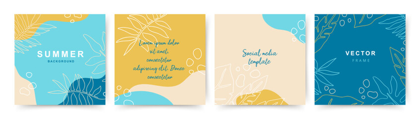 Vector set of summer minimalistic design templates with leaves. Beach theme. Editable color background for card, banner, invitation, social media post, poster, web ads