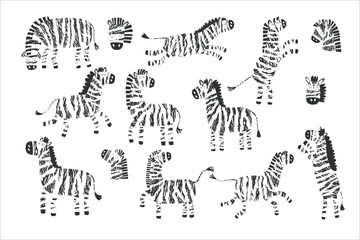 Zebra vector illustration set. This collection is perfect for creating book and notepad covers, art prints, postcards, stickers, posters, collages, branding, social media, clothing, wrapping paper.