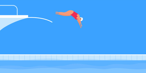 jumping woman diver diving board springboard competition swimming pool vector illustration - 616706798