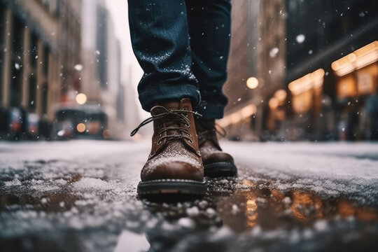 Close-up image of winter footwear navigating a snowy city street. Detailed view showing the shoes, snowfall and forming puddles, illustrating typical winter weather conditions