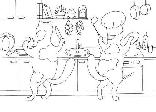 Cats are cooking in the kitchen graphic black white home interior sketch illustration vector