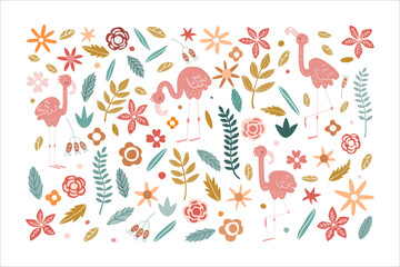 Set of vector illustrations. Pink flamingos, flowers, plants, leaves. This collection is perfect for creating book and notepad covers, art prints, postcards, stickers, posters, collages, branding.