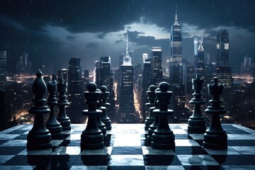 Chess figures against the city backdrop. 