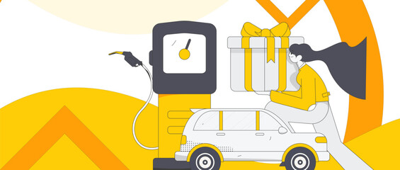Vector internet operation hand-drawn illustration of people getting discounts for car refueling
